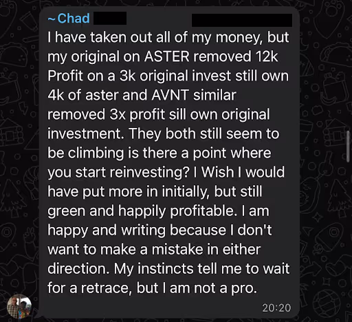 Testimonial from member Chad describing $12,000 profit on a $3,000 investment via Aster, with continued gains on AVNT