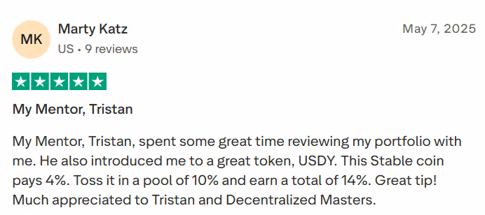 5-star Trustpilot review from Marty Katz: mentor Tristan introduced him to USDY stablecoin earning a combined 14% yield