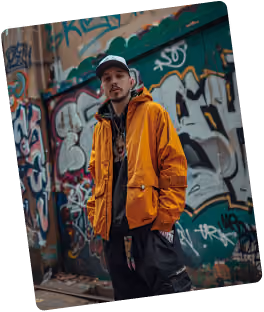 Creator in orange jacket by graffiti wall