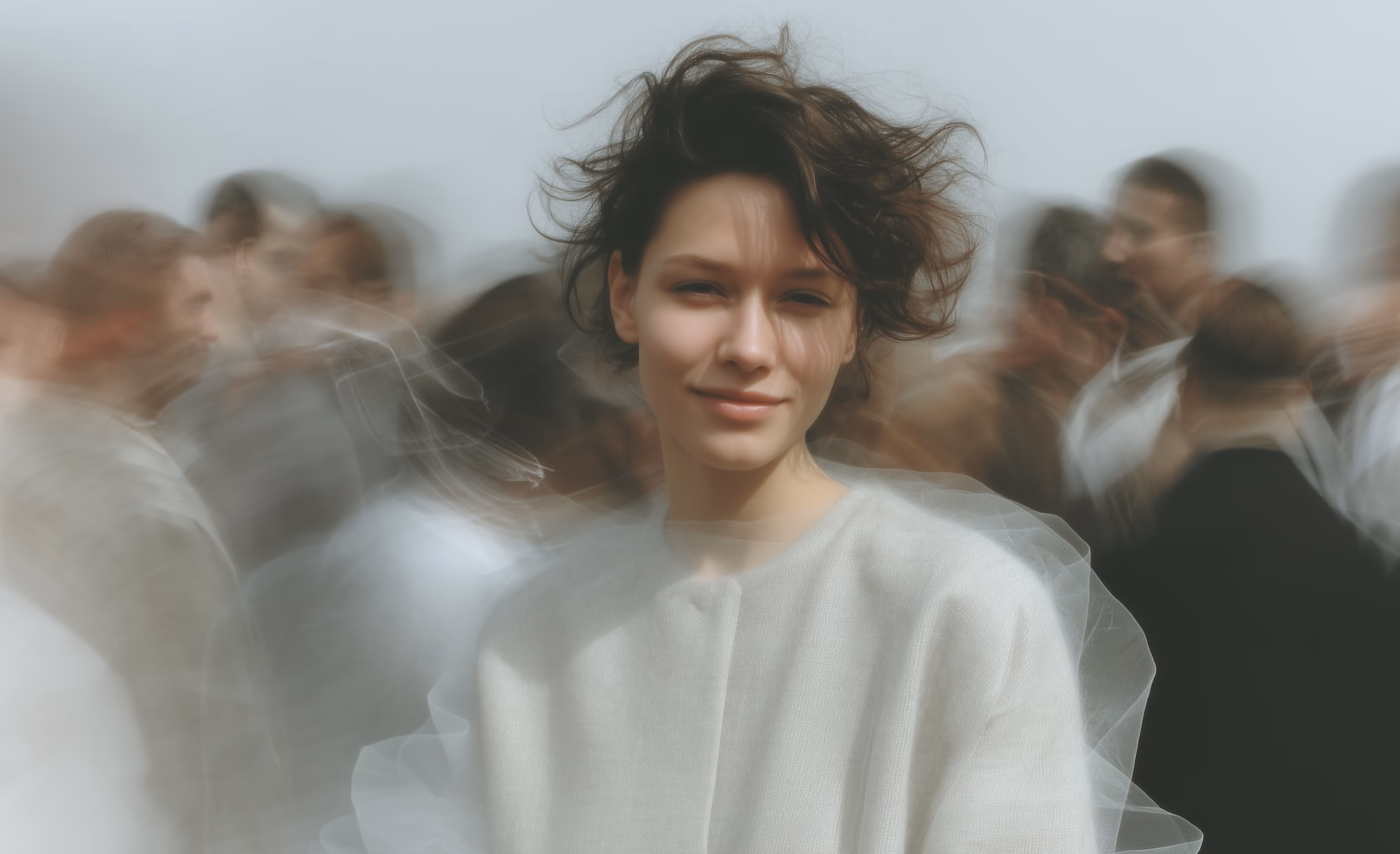 Young woman standing in a blurred crowd
