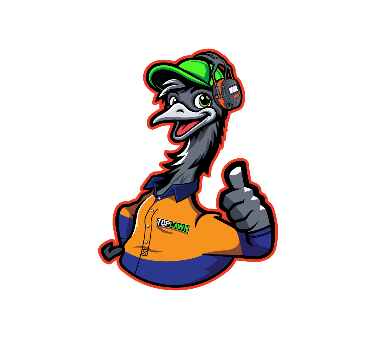 TopLawn Mowing & Garden emu mascot in a high-vis work shirt giving a thumbs up