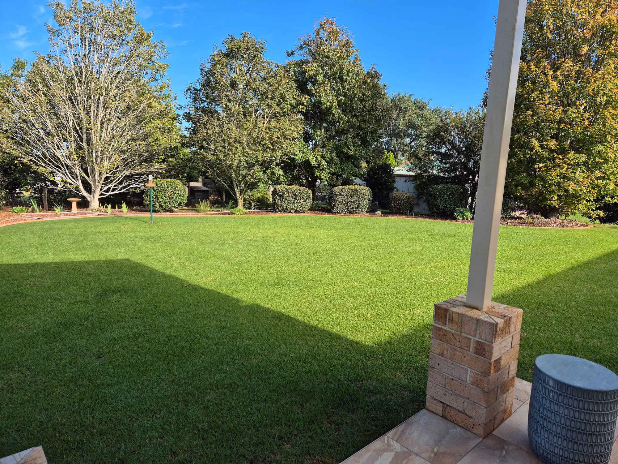 Freshly mowed lawn beside a pergola, recent TopLawn job