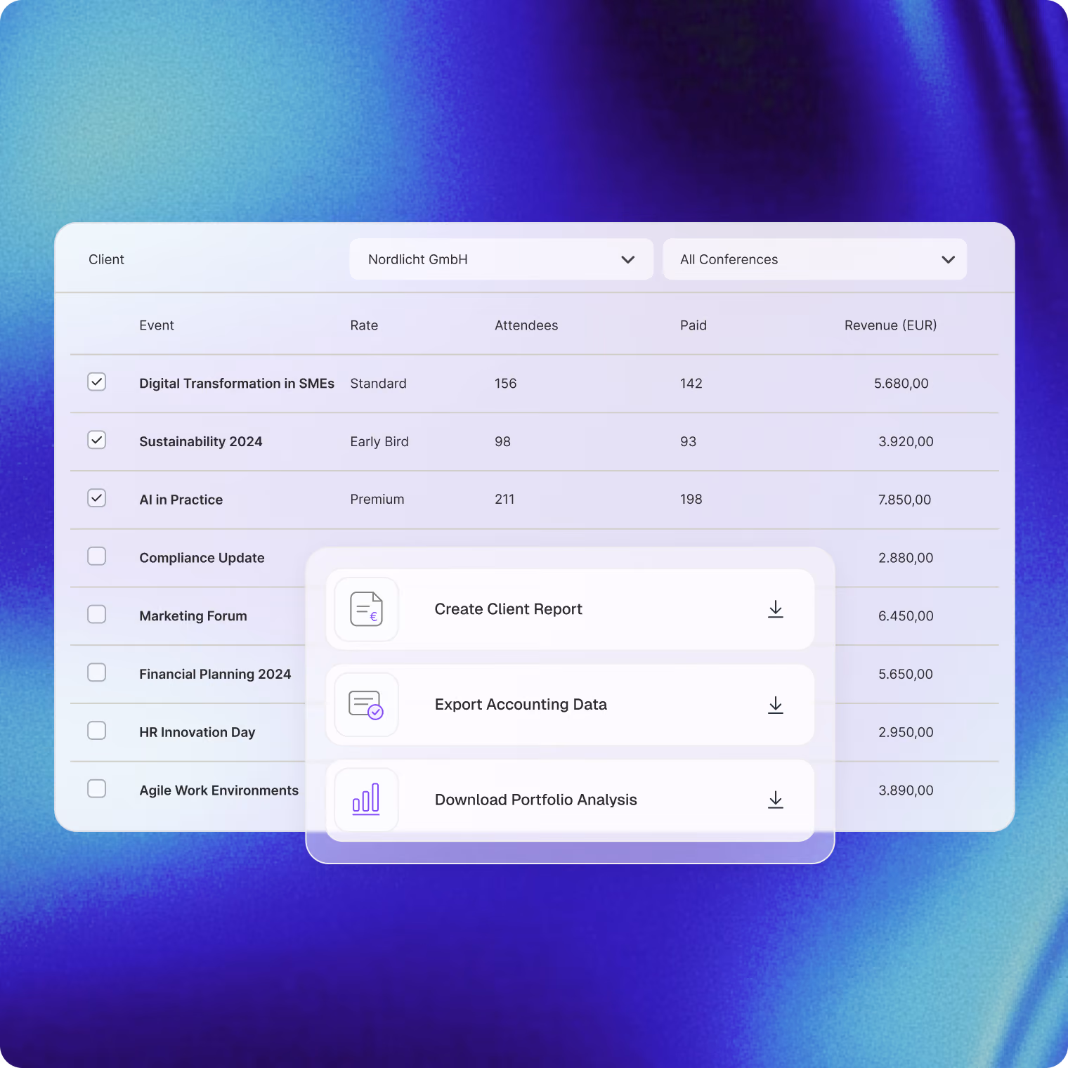Generate reports for clients directly from conference data