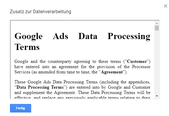 Google Analytics Zusatz zur Datenverarbeitung