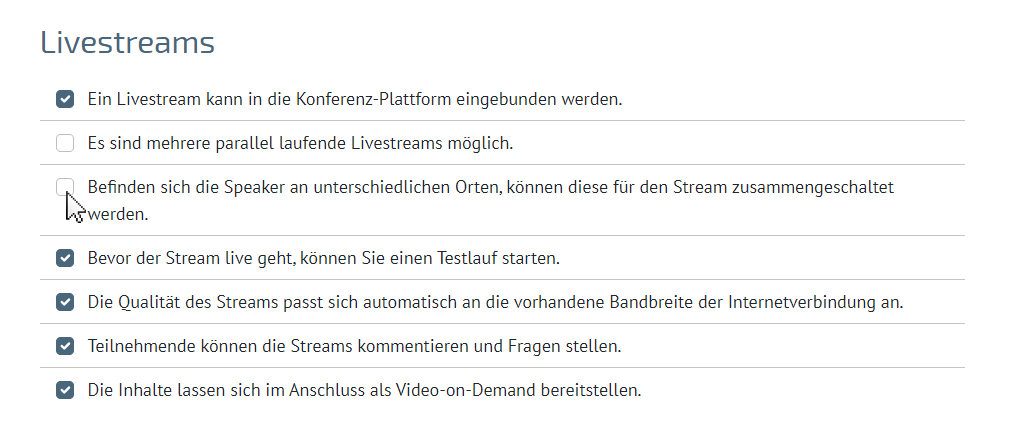 Der Haken bei nicht benötigten Punkten für eine virtuelle Konferenzplattform wird entfernt.