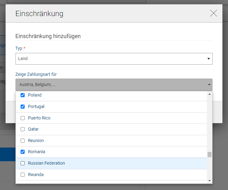 Einschränkungen für Länder auswählen - PayPal Konferenz