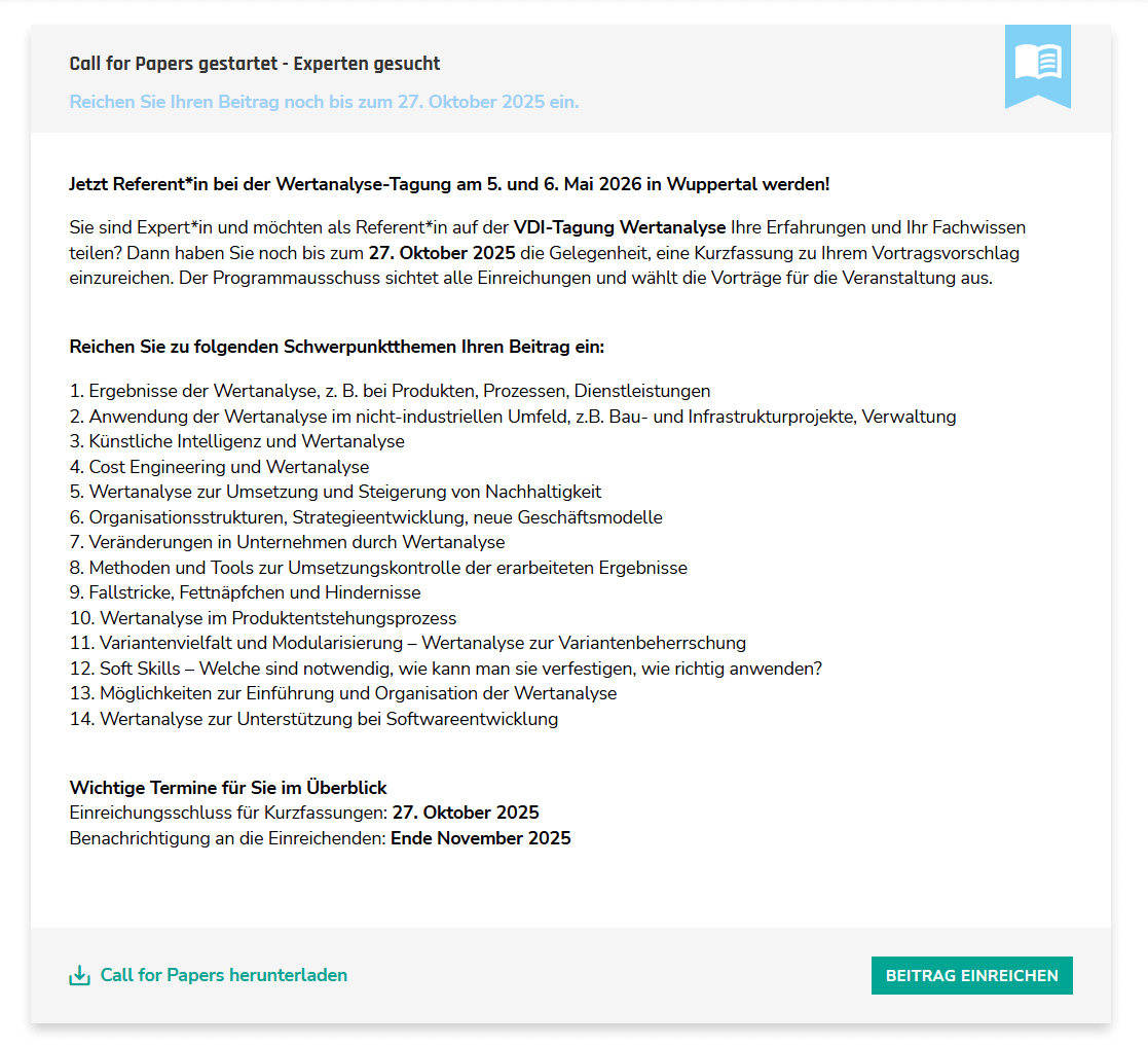 Call for Papers VDI-Wissensforum