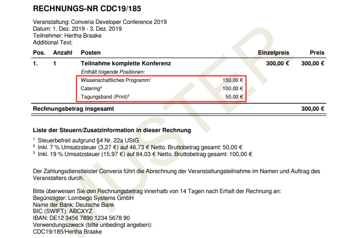 Teilpositionen eines Angebotspakets für die Besteuerung der Konferenz