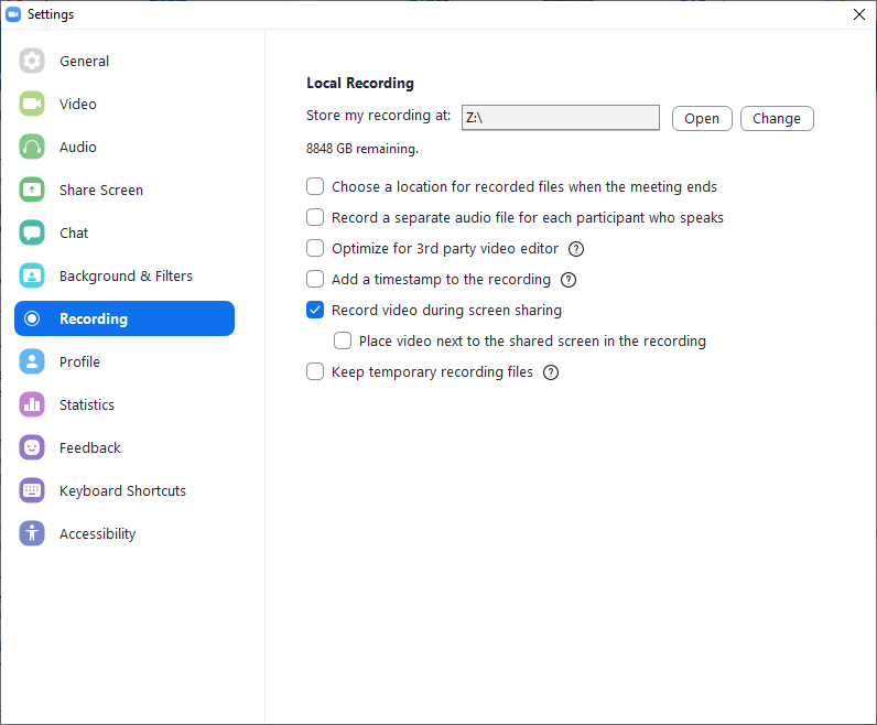 Zoom settings for recording conference sessions