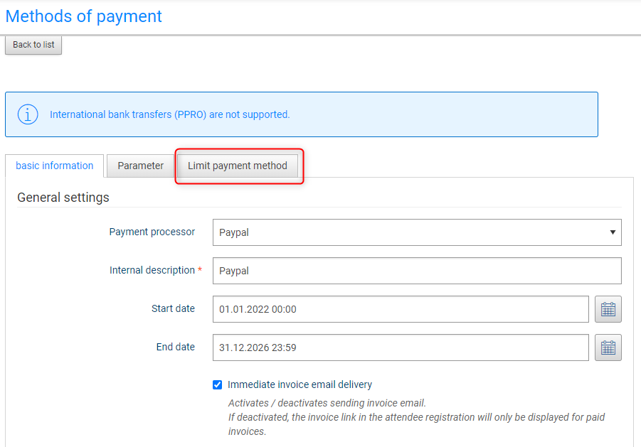 Restrict payment type - PayPal transactions for conference Russia