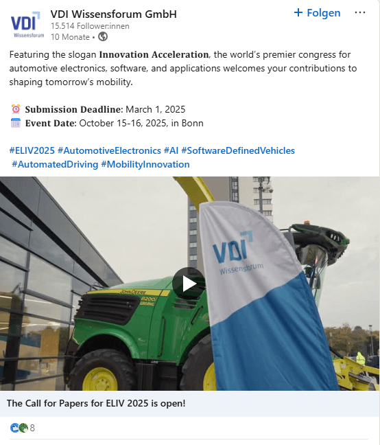 LinkedIn post by VDI Wissensforum to announce details concerning a call for papers