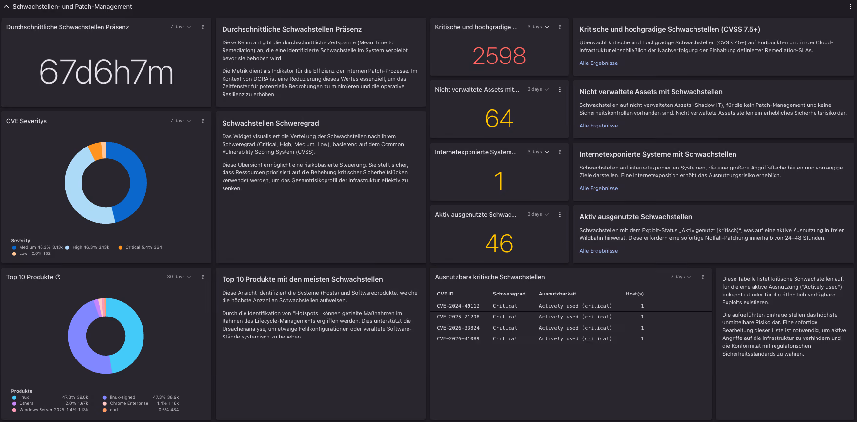 ByteRay DORA-Dashboard im CrowdStrike Next-Gen SIEM: Bereichsansicht Schwachstellen- und Patch-Management nach RTS Artikel 10