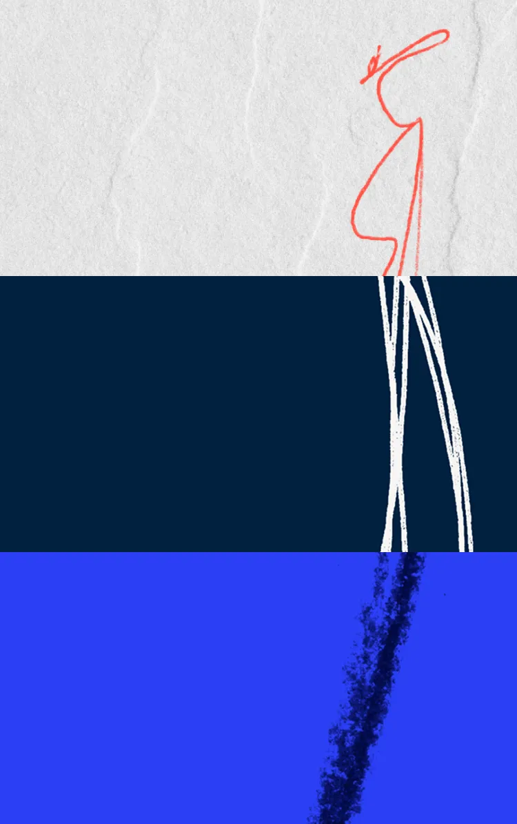 Abstract art with three horizontal sections and red, white, and black line drawings on textured backgrounds.