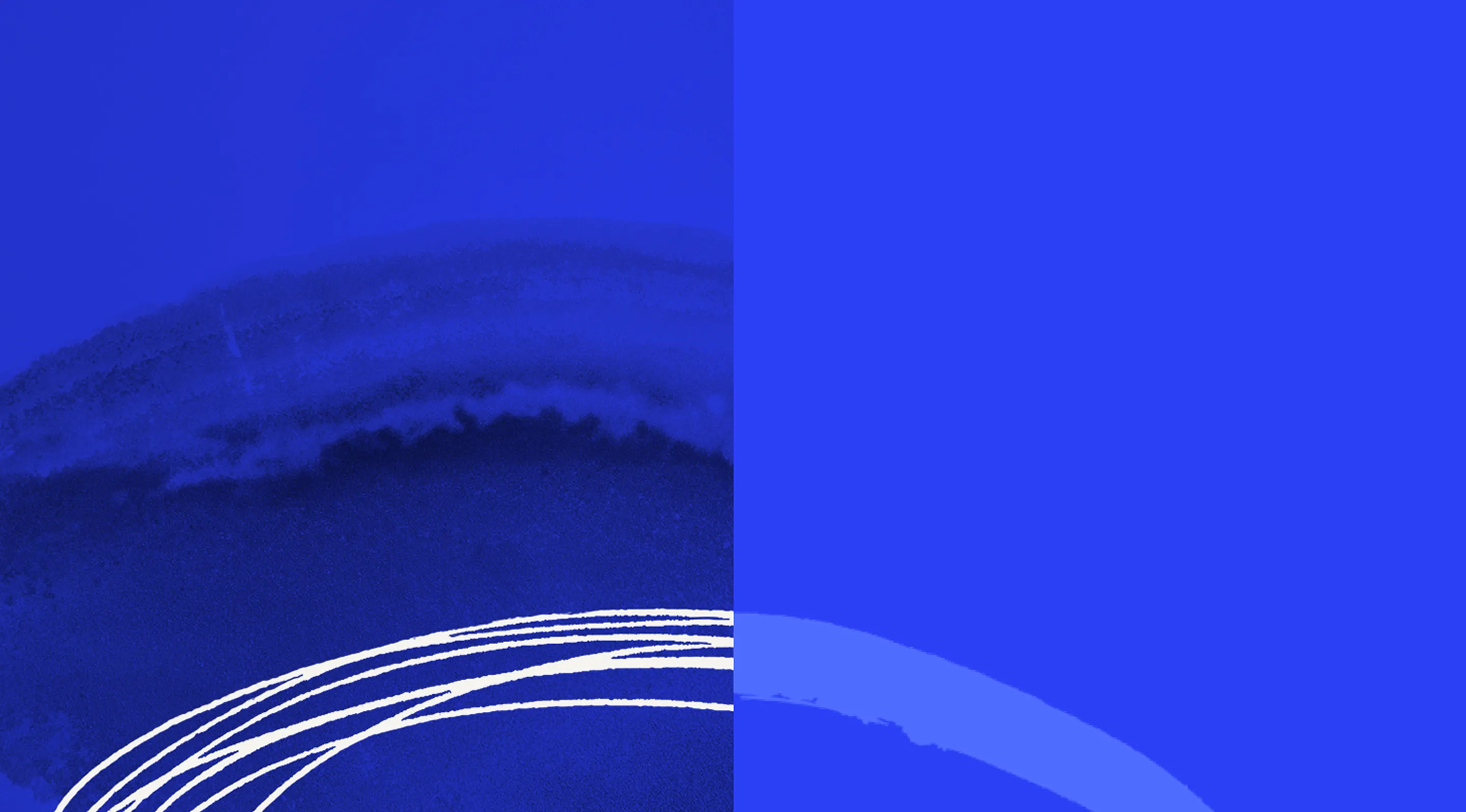Abstract blue background split with dark textured brush strokes and light curved lines on the left side.