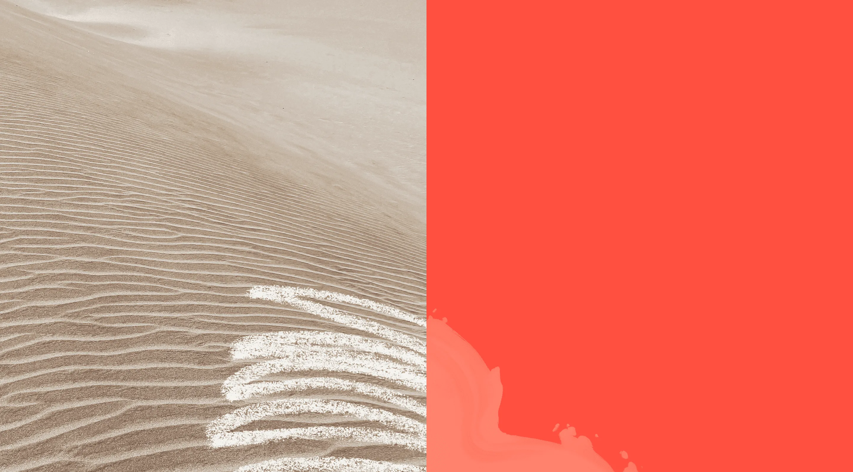 Patterned sand dunes on the left and solid bright orange color on the right half.