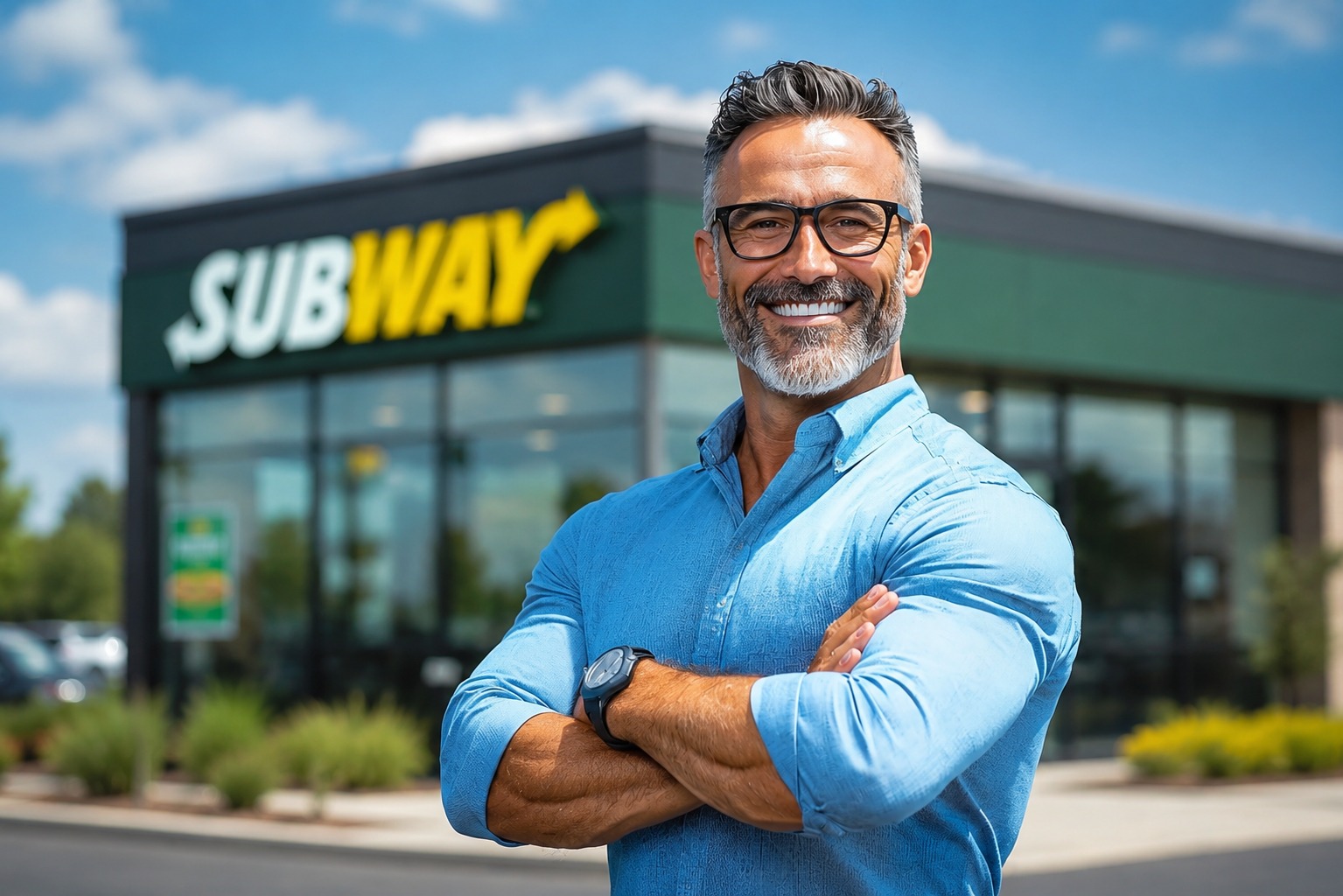 Subway Unternehmer vor Franchise-Standort