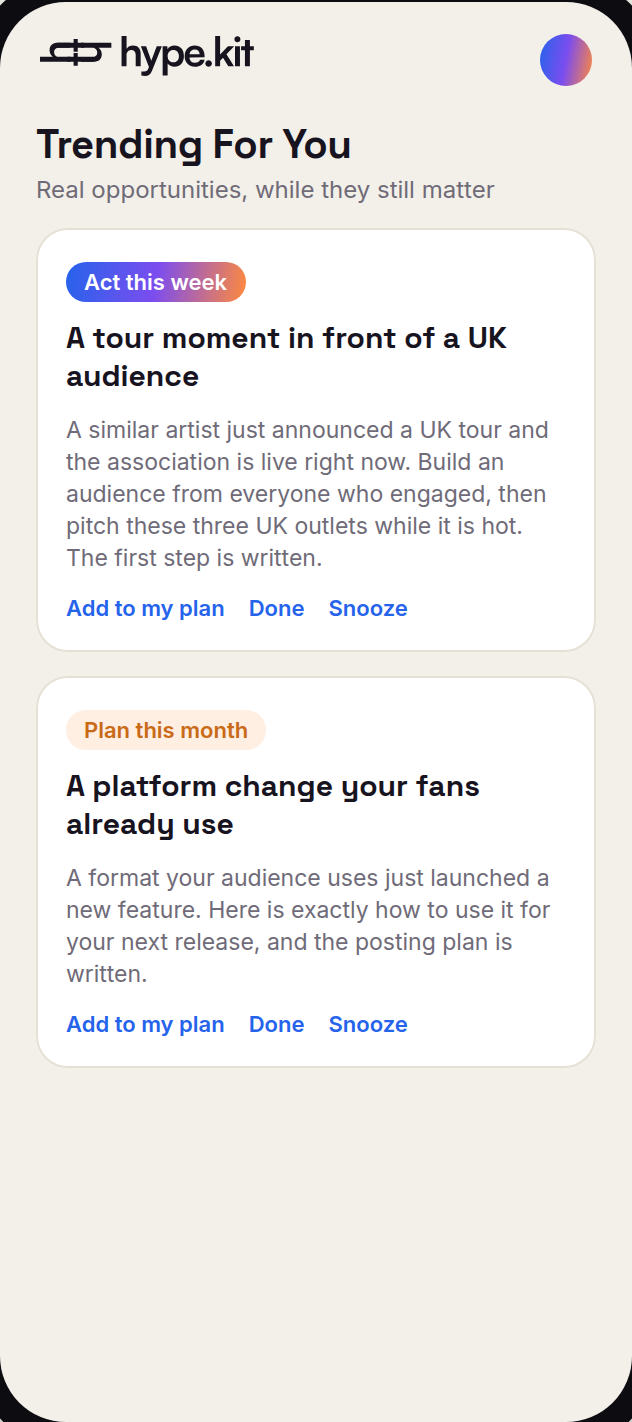 Trending For You, showing timely opportunities between releases