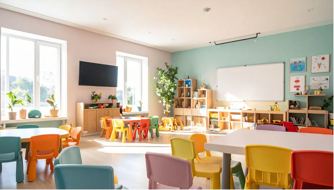 Heller Gruppenraum einer Kita mit bunten Kinderstühlen, Tischen, Regalen und einem Whiteboard