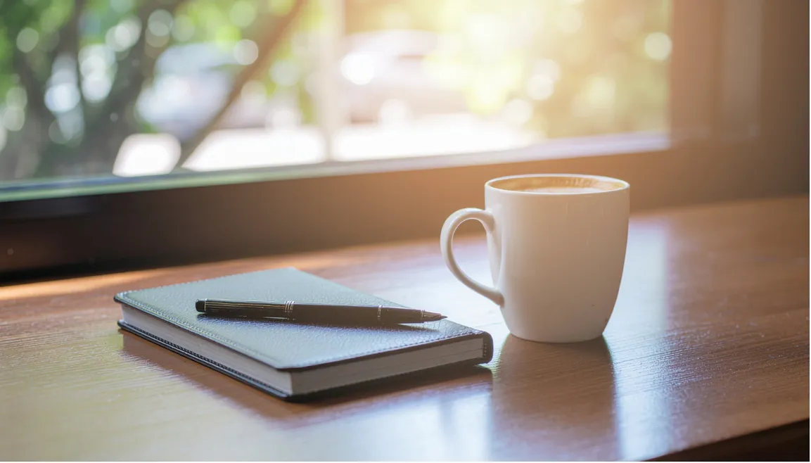 Ein geschlossenes dunkles Notizbuch mit Kugelschreiber und eine Tasse Kaffee stehen auf einem Holztisch am Fenster
