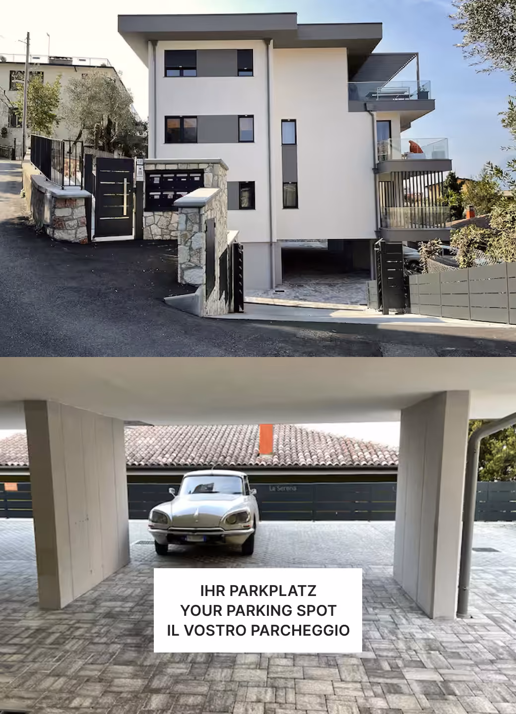 Modern white building with black windows and gated driveway; below, covered parking with a vintage car.