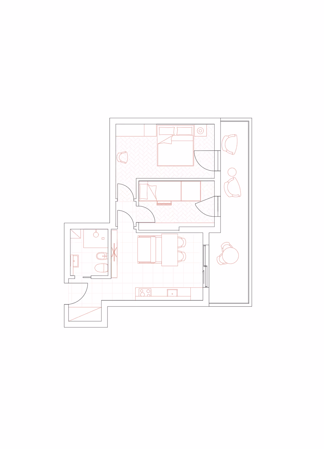 Floor plan showing a bedroom, living room, bathroom, kitchen, and balcony with outdoor seating.