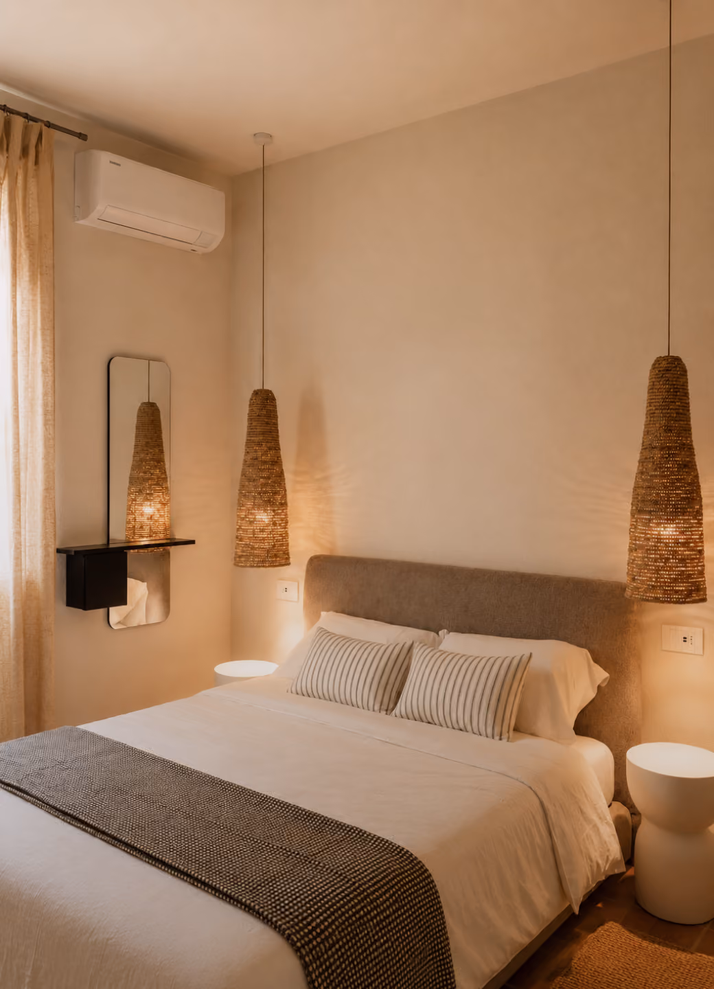 Cozy bedroom with double bed, striped pillows, hanging woven lamps, and a wall-mounted mirror with shelf.