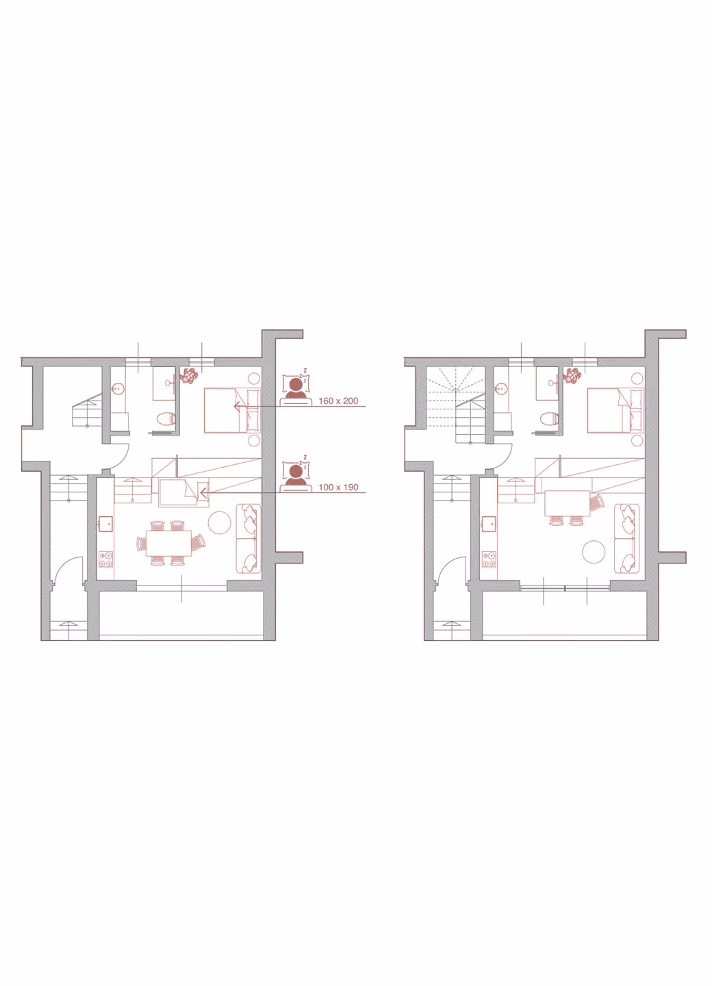 Two adjacent floor plans each with bedroom, bathroom, dining area, kitchen, and staircase.