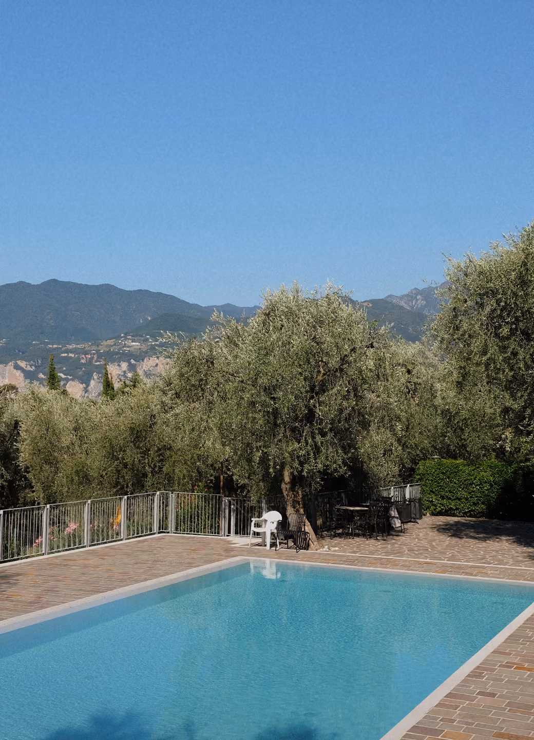 Outdoor swimming pool with clear water, surrounded by trees and mountains under a blue sky.