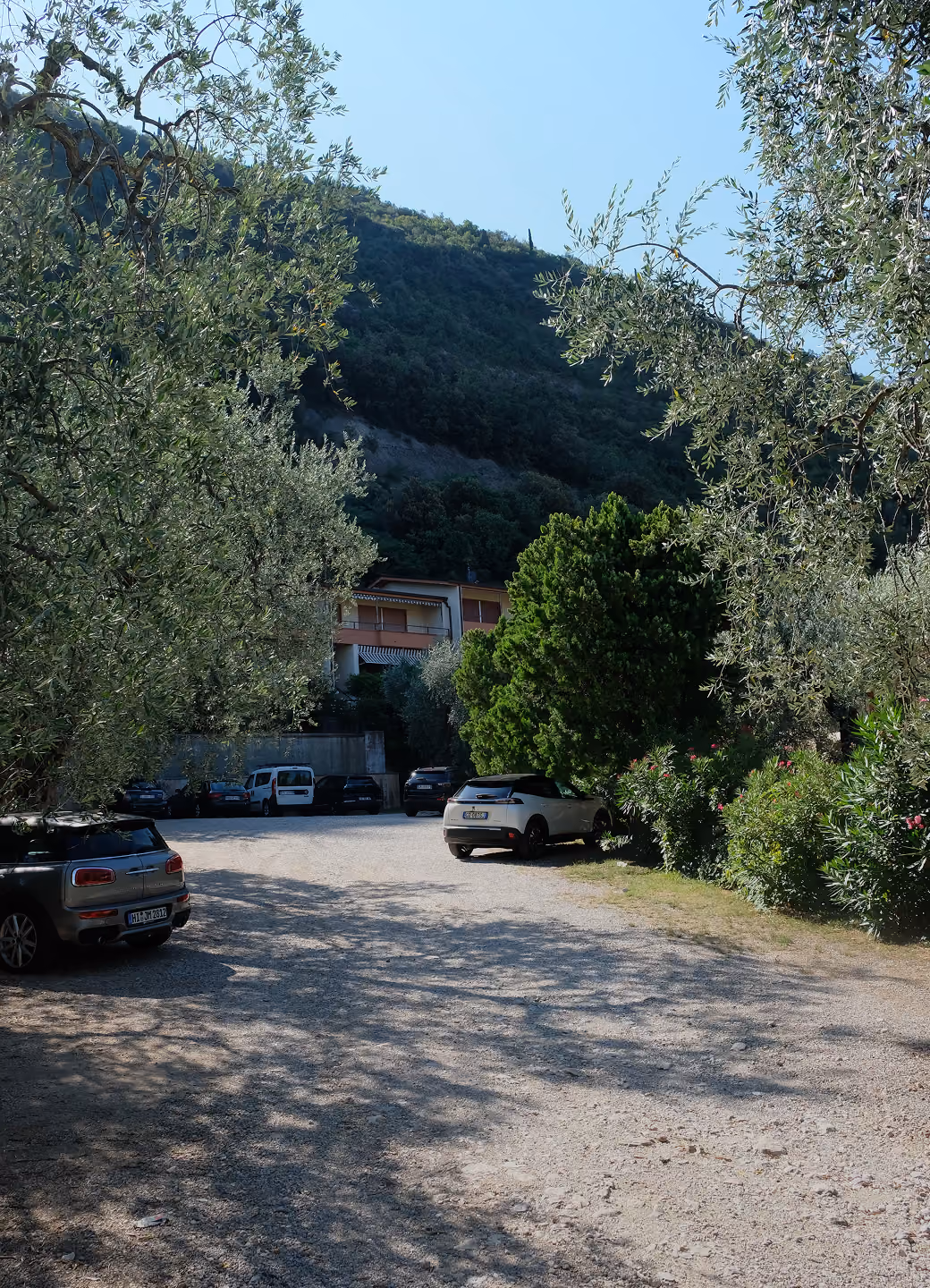 Gravel parking area with cars, surrounded by trees and hills under clear blue sky.