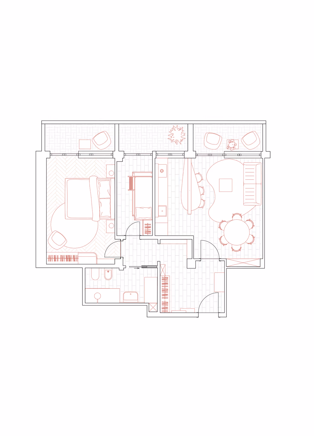 Floor plan of apartment with bedroom, living room, dining area, bathroom, and balcony spaces.