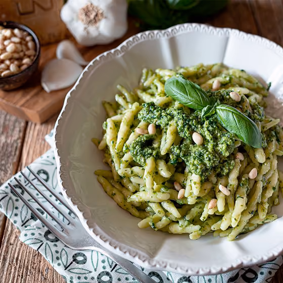Plate of pasta with green pesto sauce, pine nuts, and basil leaves on a wooden table.