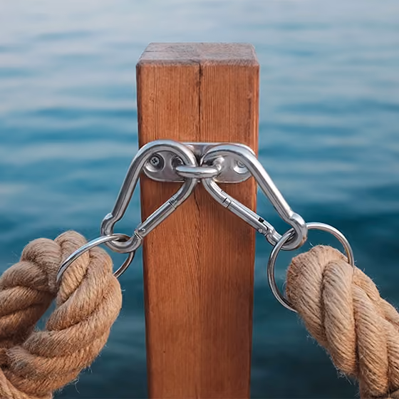 Two heavy ropes connected with metal hooks to a wooden post on a waterfront.