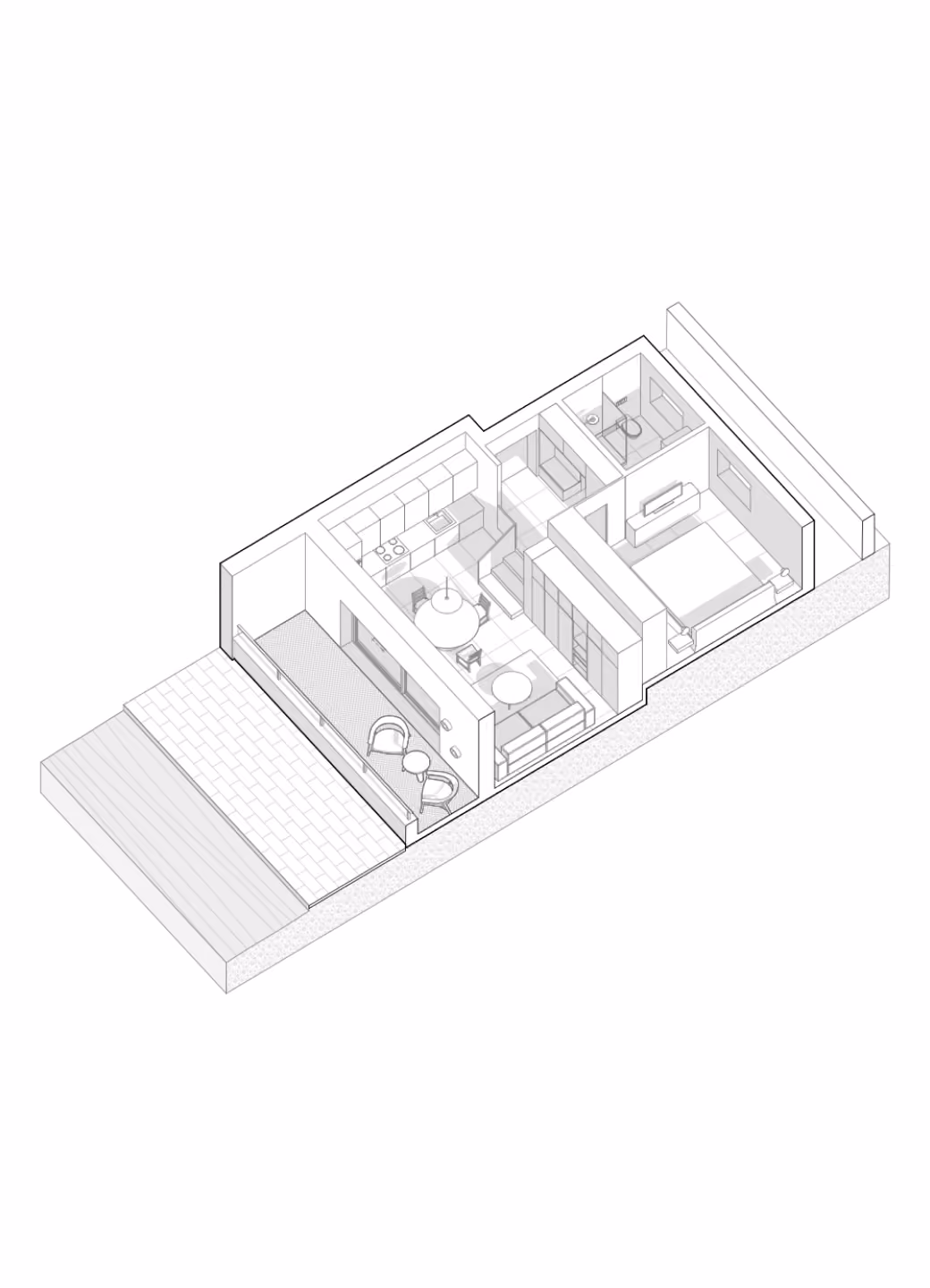 Isometric floor plan of a small apartment featuring an outdoor patio with two chairs and a table, an open living area with sofa and round coffee table, dining area with round table and chairs, kitchen with cabinets and appliances, a bedroom with a bed and wall-mounted TV, and a bathroom with a shower and sink.