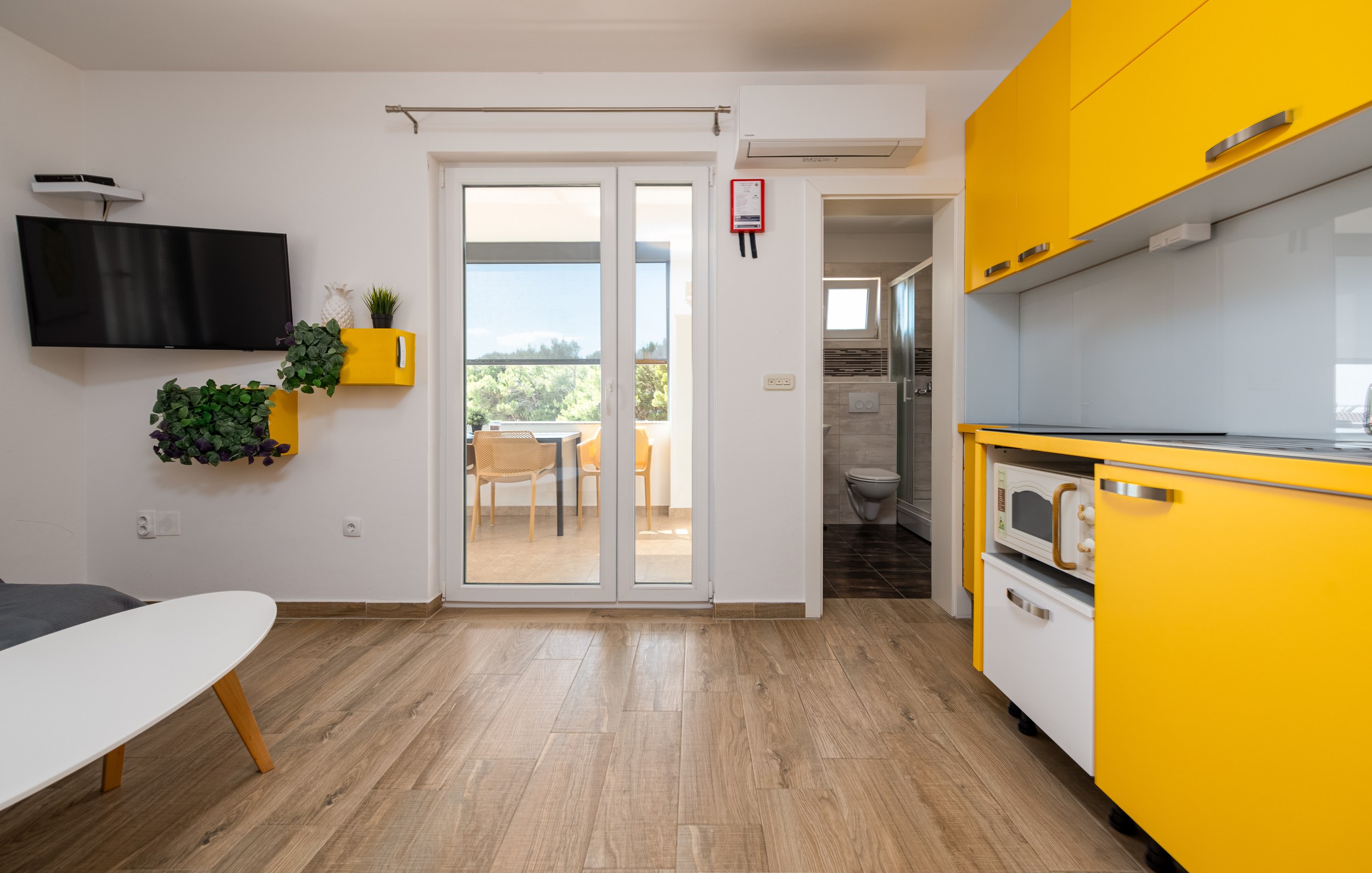 Kitchen with terrace door and bathroom entrance, Apartment Yellow