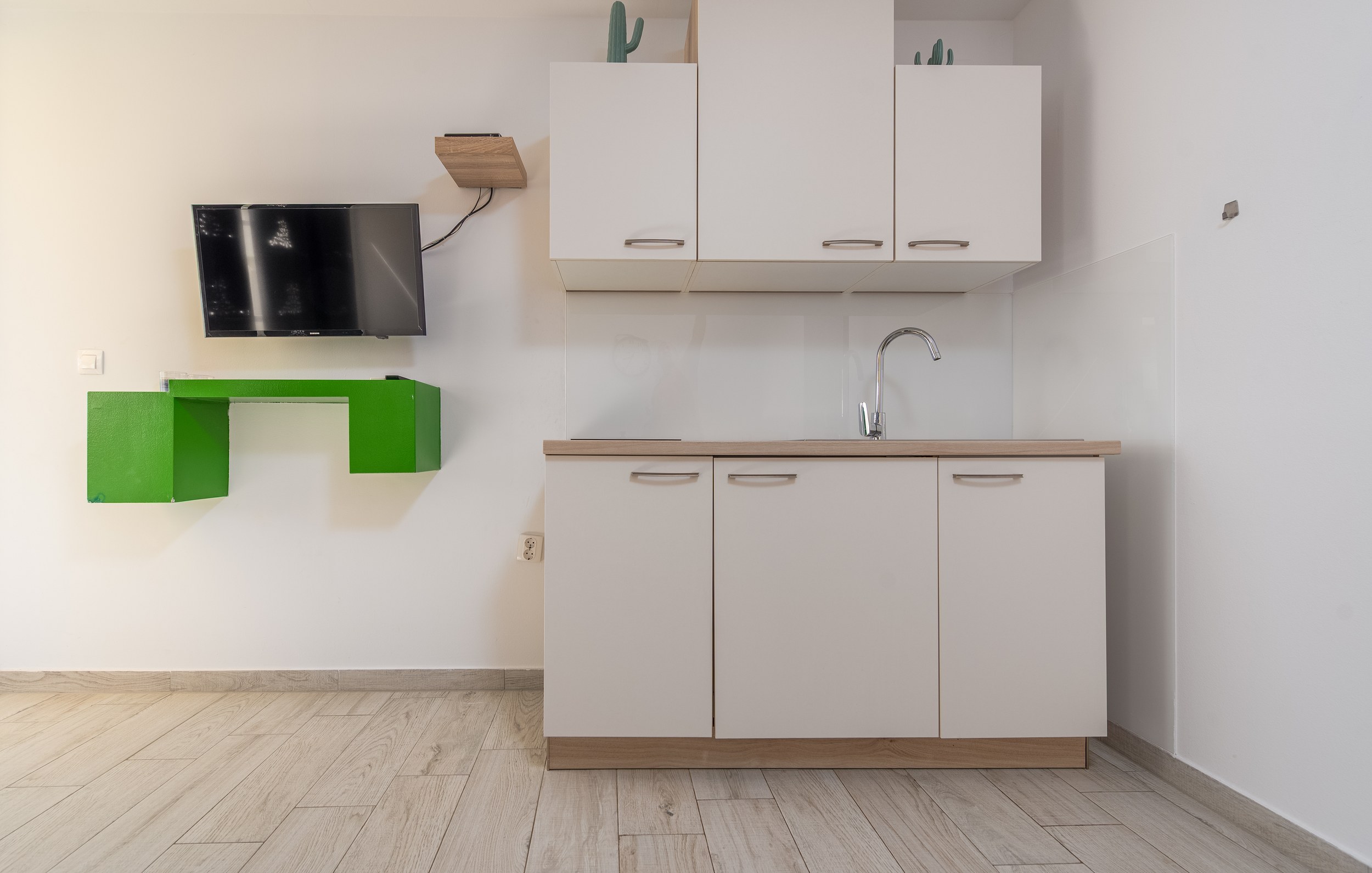 Kitchen with yellow cabinets and retro fridge, Apartment Yellow