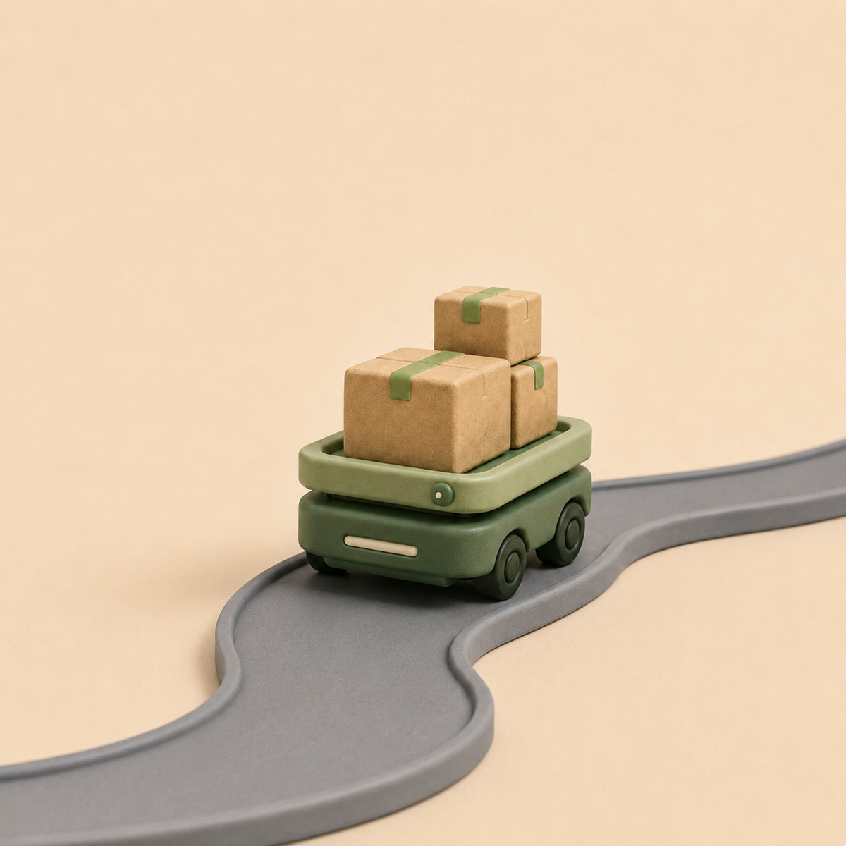 Chariot de livraison 3D transportant des colis sur une route sinueuse