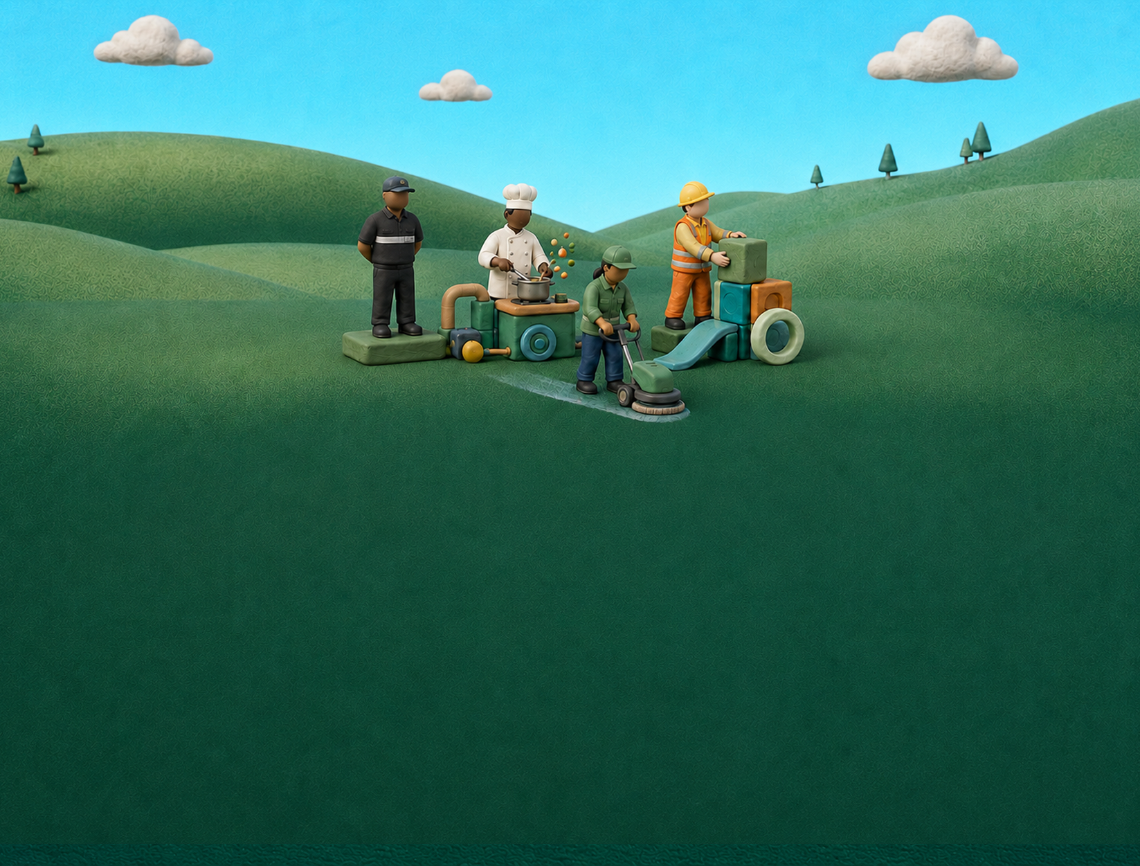 Illustration 3D d'une equipe en tenue professionnelle dans un paysage vallonne