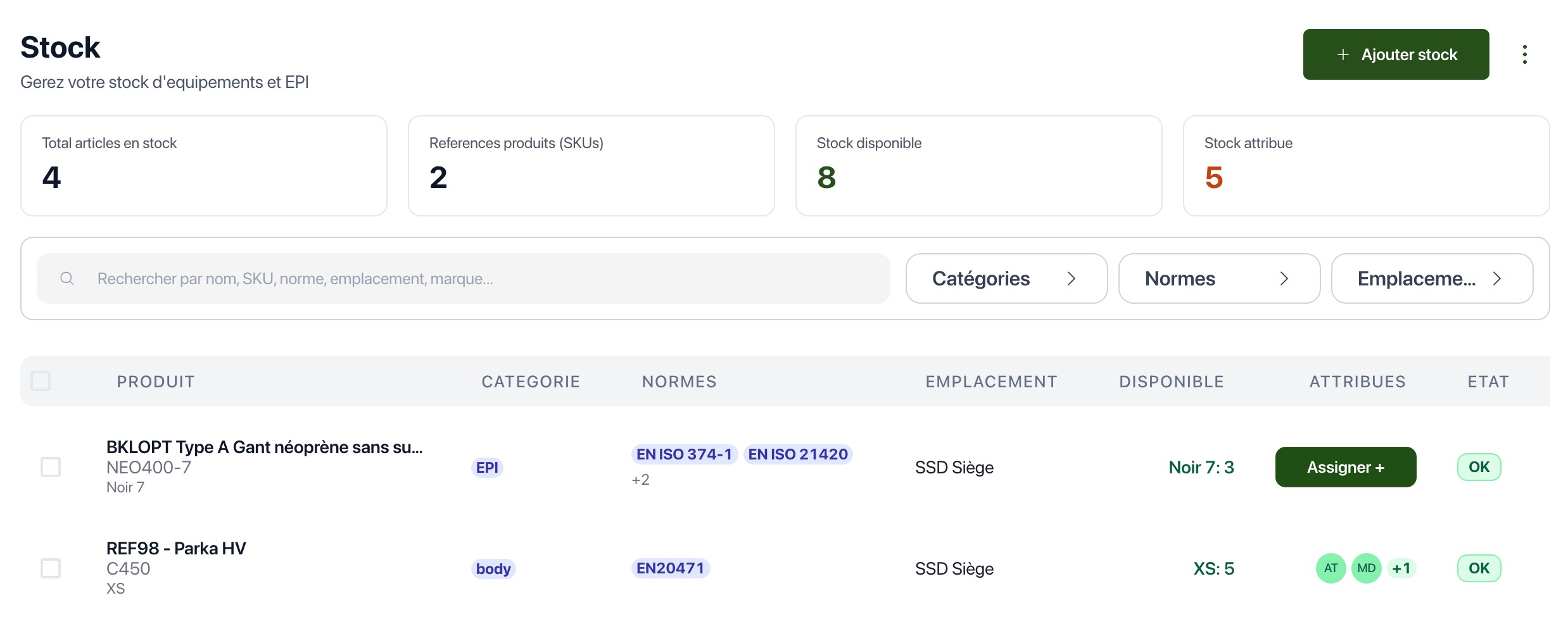 Écran de gestion du stock d équipements et EPI dans la plateforme Paracel
