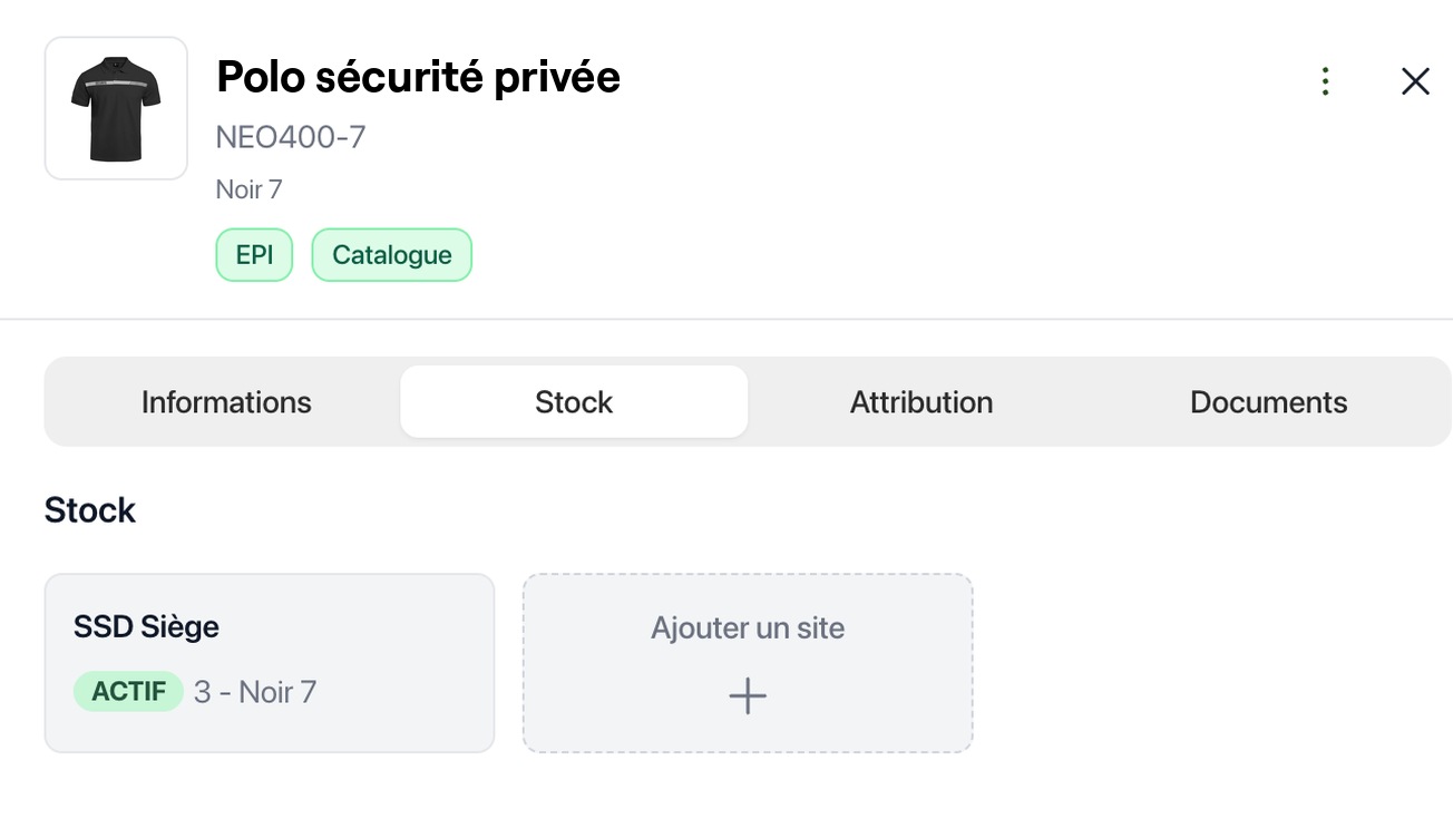 Fiche produit Polo sécurité privée avec l onglet Stock et les sites associés