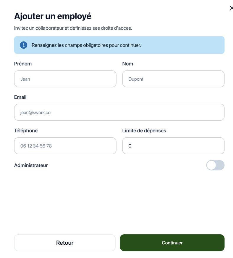 Formulaire d ajout d un employé avec limite de dépenses et statut administrateur