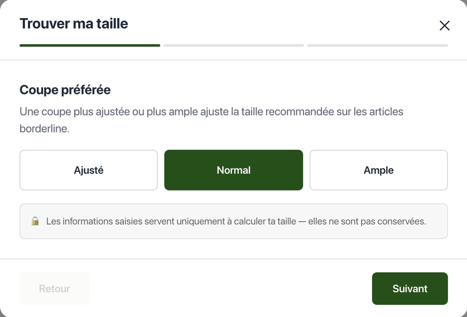 Étape Coupe préférée de l outil Trouver ma taille, ajusté, normal ou ample