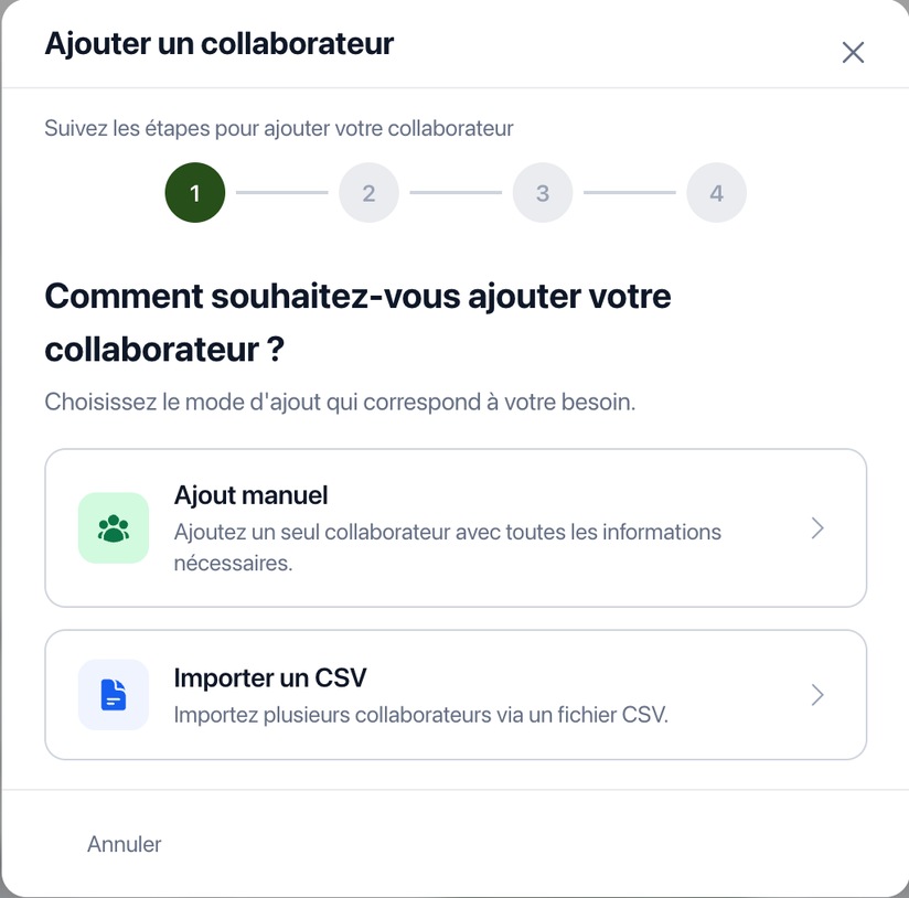 Parcours d ajout d un collaborateur, saisie manuelle ou import CSV