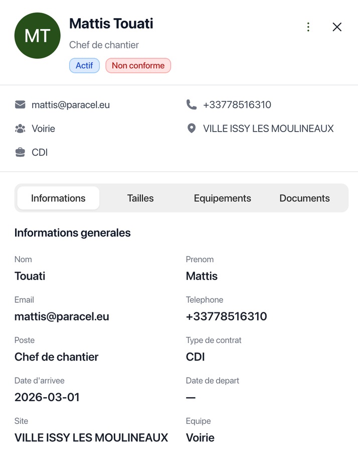 Fiche d un collaborateur avec ses informations générales et ses équipements