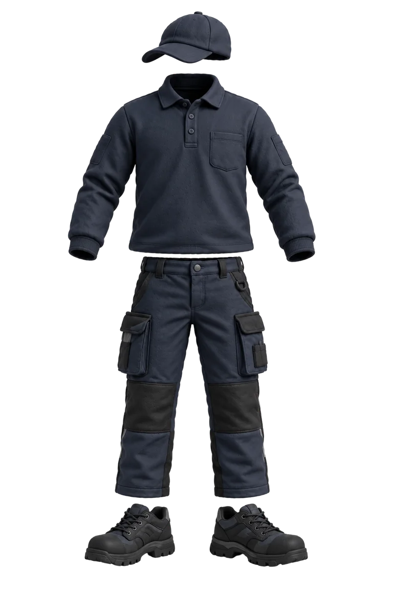 Tenue de propreté industrielle : polo manches longues marine, pantalon de travail renforcé et chaussures de sécurité