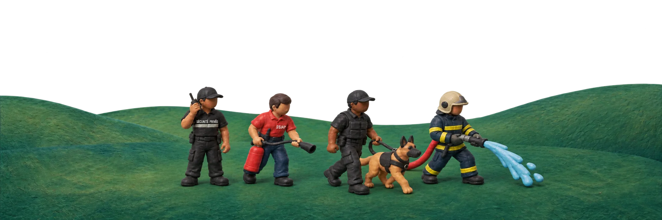 Figurines en pâte à modeler sur une colline : agent de sécurité privée, agent SSIAP avec extincteur, maître-chien et sapeur-pompier en tenue