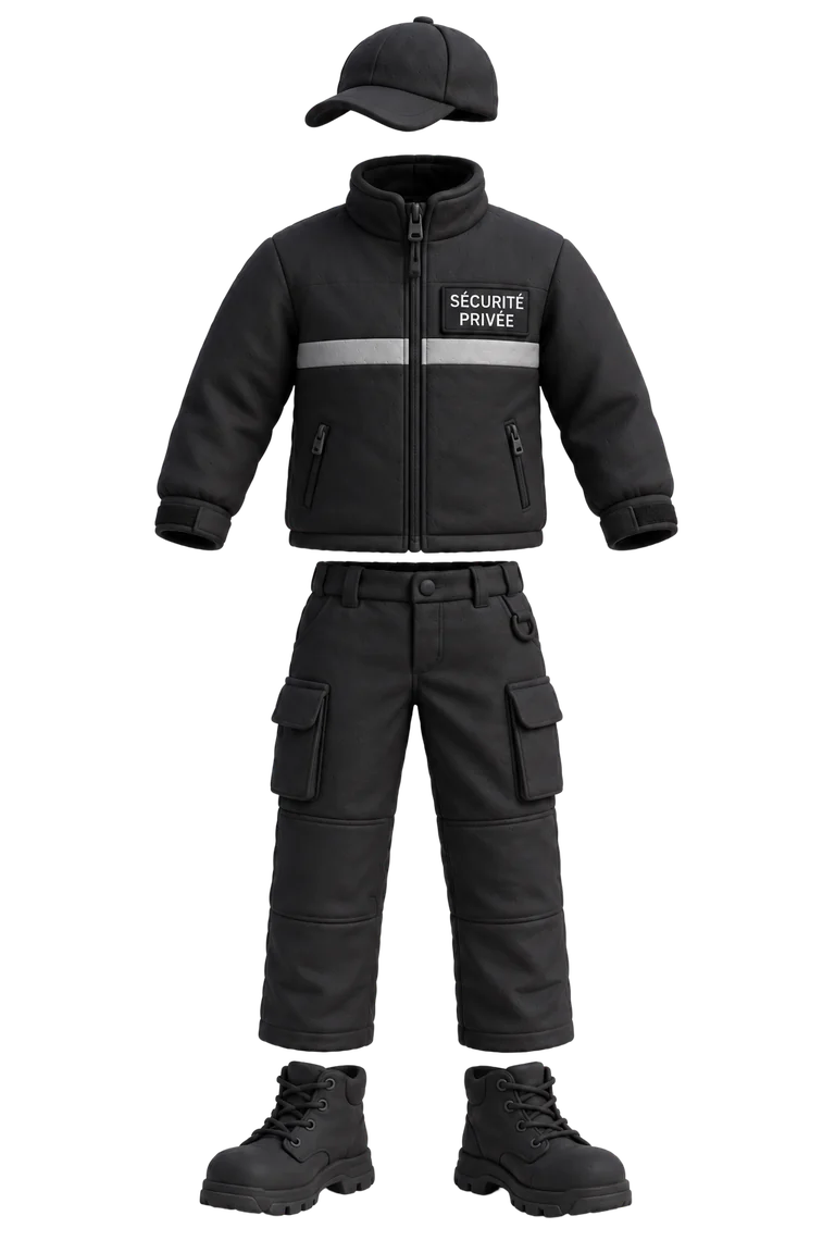 Tenue d’agent de sécurité privée : blouson noir à bande réfléchissante, pantalon de travail et chaussures de sécurité