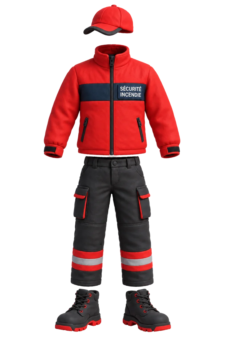 Tenue d’agent SSIAP : blouson rouge et noir, pantalon à bandes réfléchissantes et chaussures de sécurité