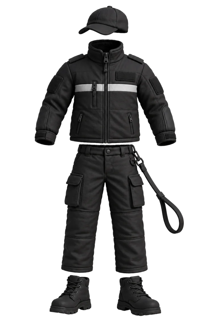 Tenue de maître-chien : blouson renforcé, pantalon de travail, laisse et chaussures de sécurité