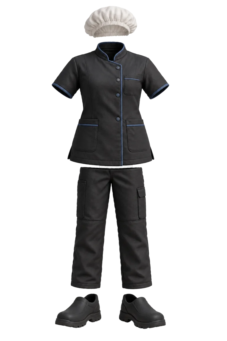 Tenue de propreté HHR : tunique noire à liserés bleus, pantalon noir, charlotte et chaussures