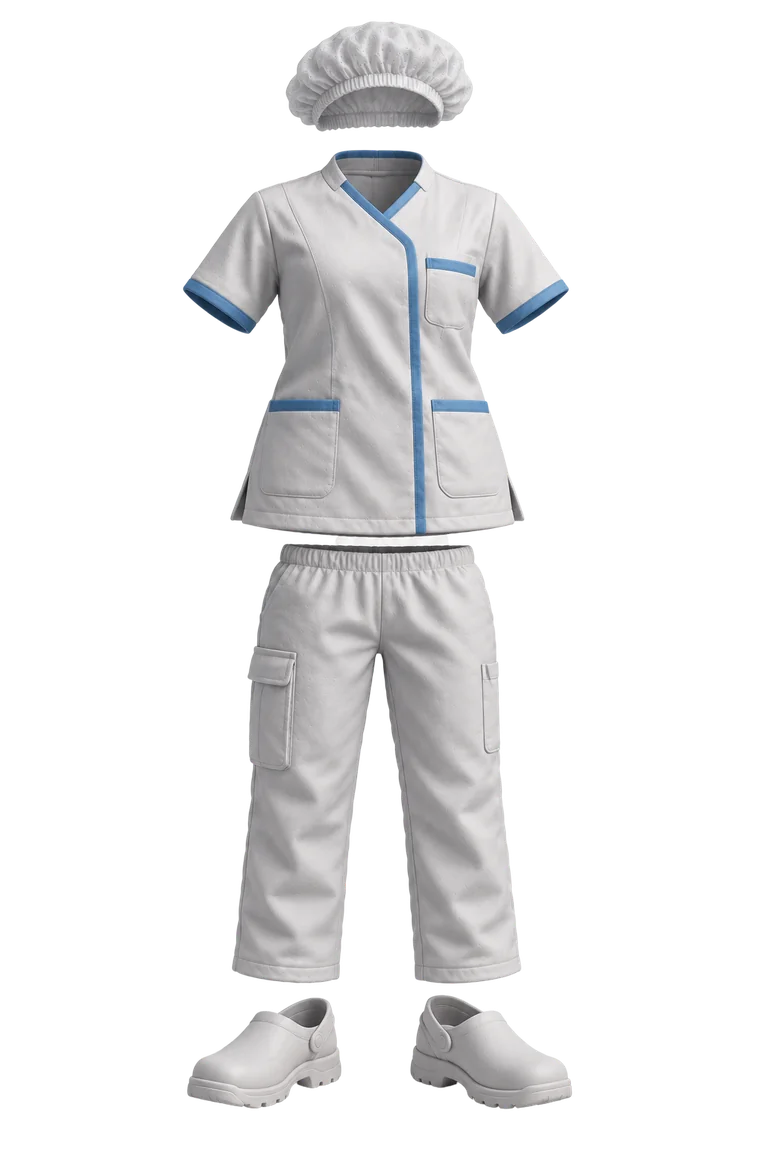Tenue de propreté santé : tunique blanche à liserés bleus, pantalon blanc, charlotte et sabots